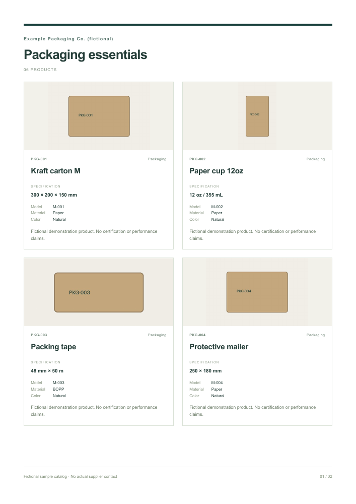 Actual first page of the generated sample PDF, showing four fictional packaging products with their specifications